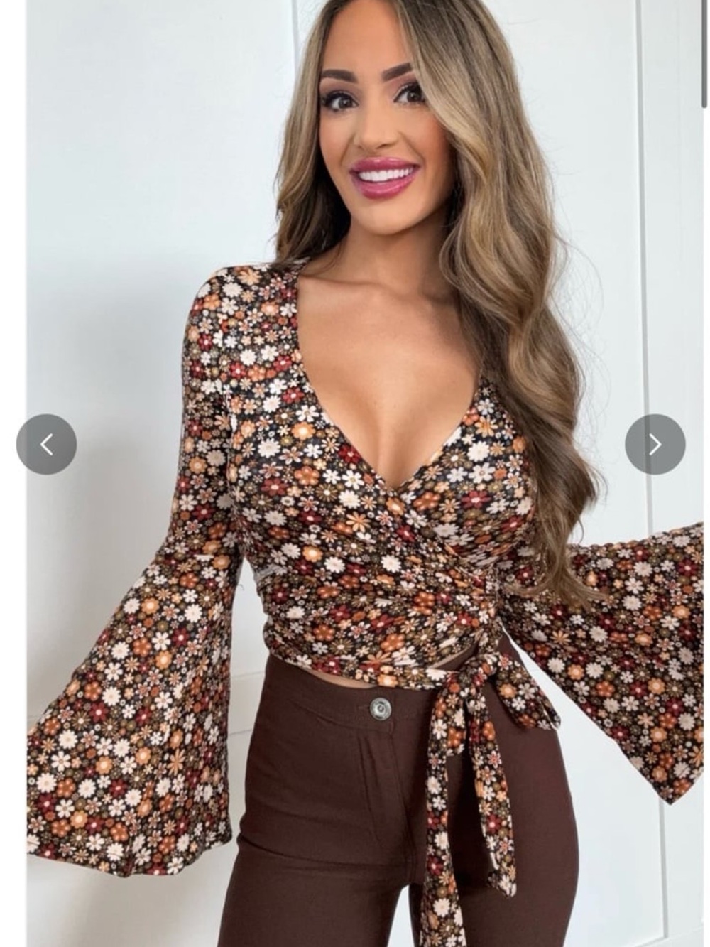 BKE Brown Multi Floral Wrap Bell-Sleeve Top